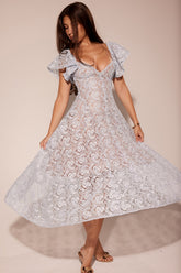 Retro lace high waist slim V-neck dress